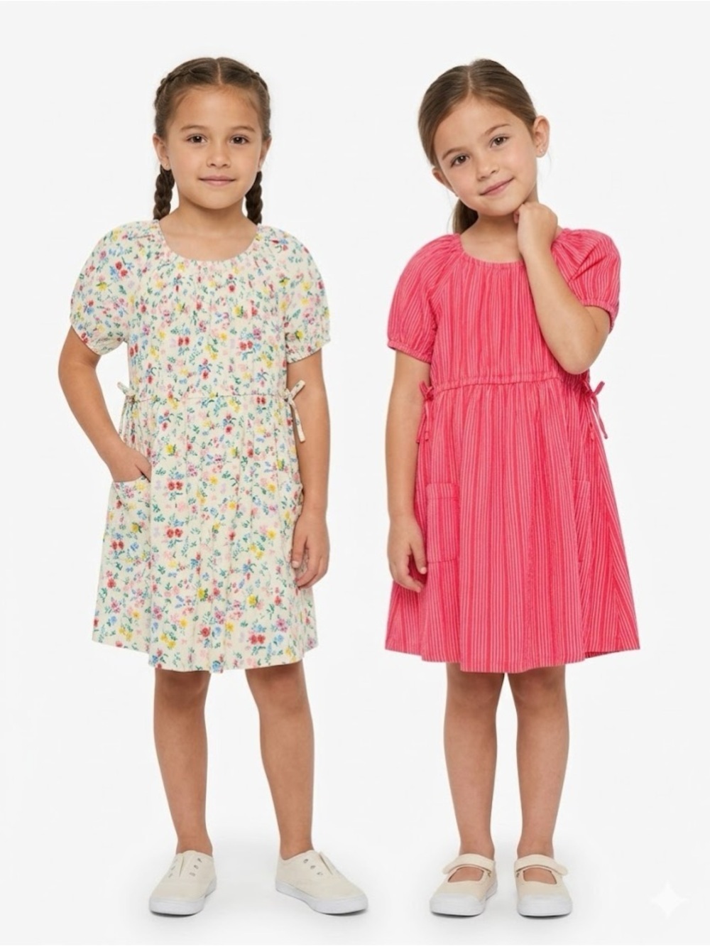Wonder Nation Girls' Floral & Bright Pink Short Sleeve Dresses